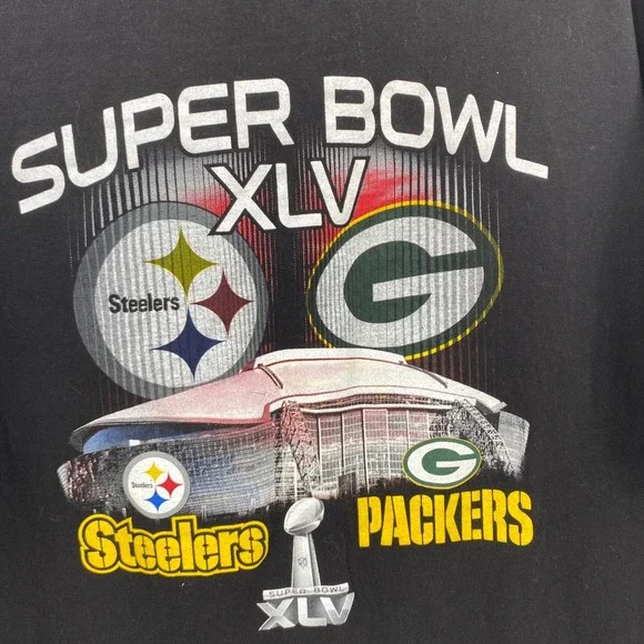 NFL Super Bowl XLV Pittsburgh Steelers Green Bay Packers T-Shirt‎ Mens XL Black - Picture 3 of 6